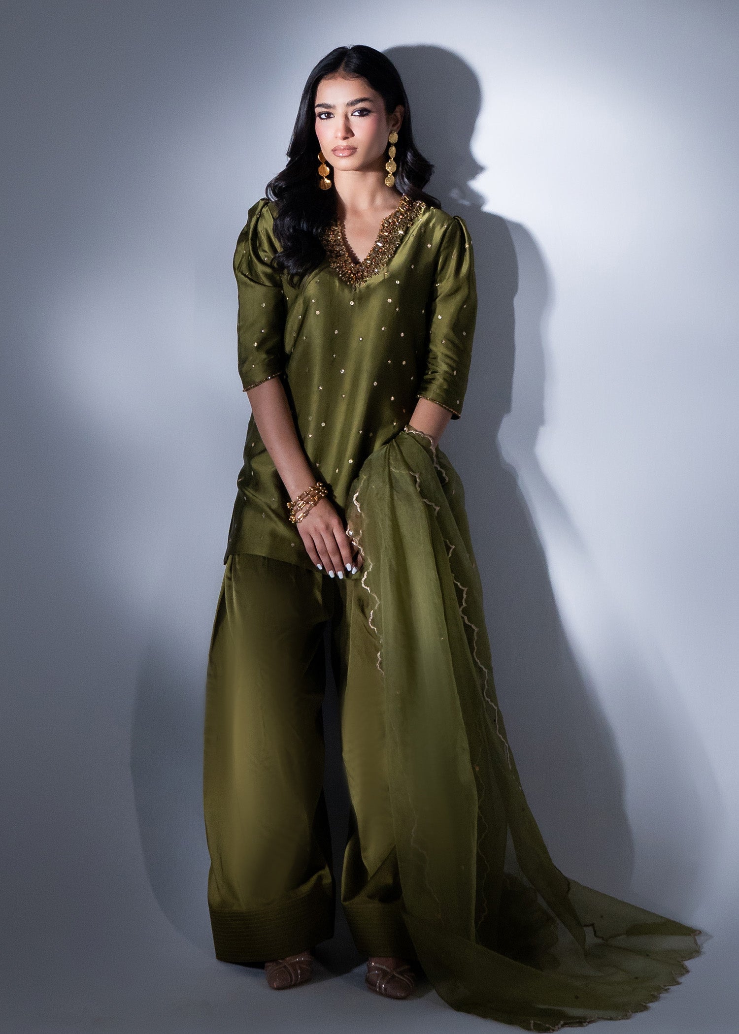 Olive Green Crystal Embellished Pure Silk Shalwar Suit (3-Piece) - Image 5