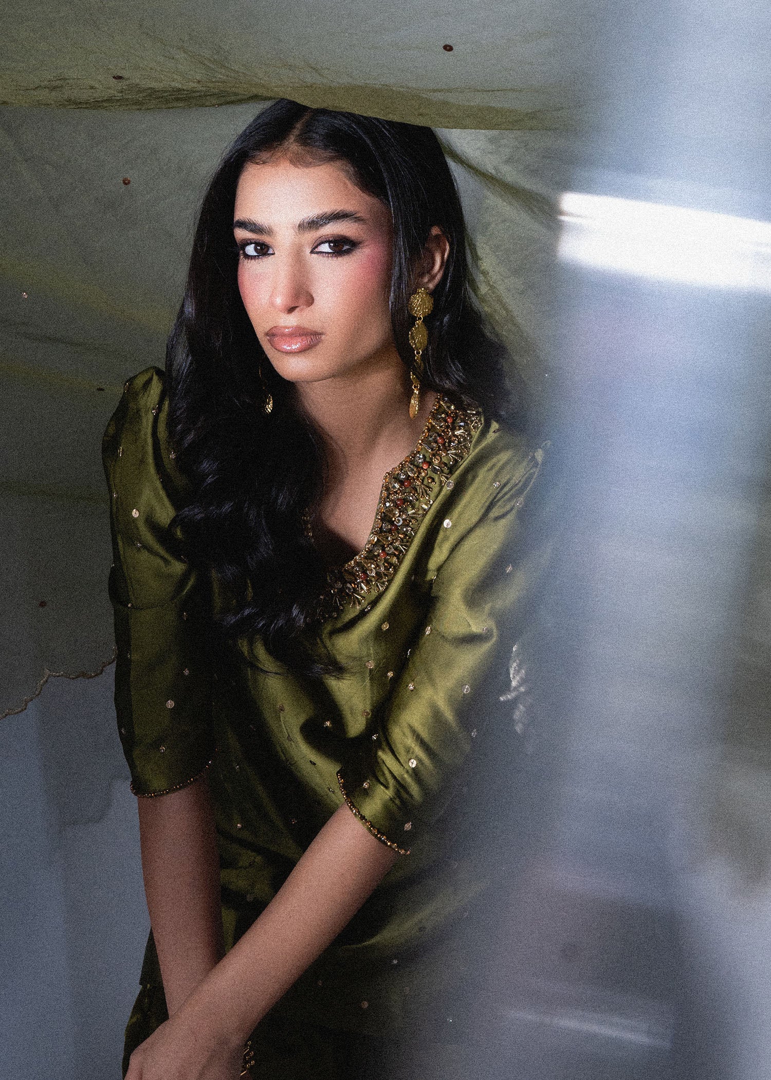 Olive Green Crystal Embellished Pure Silk Shalwar Suit (3-Piece) - Image 6