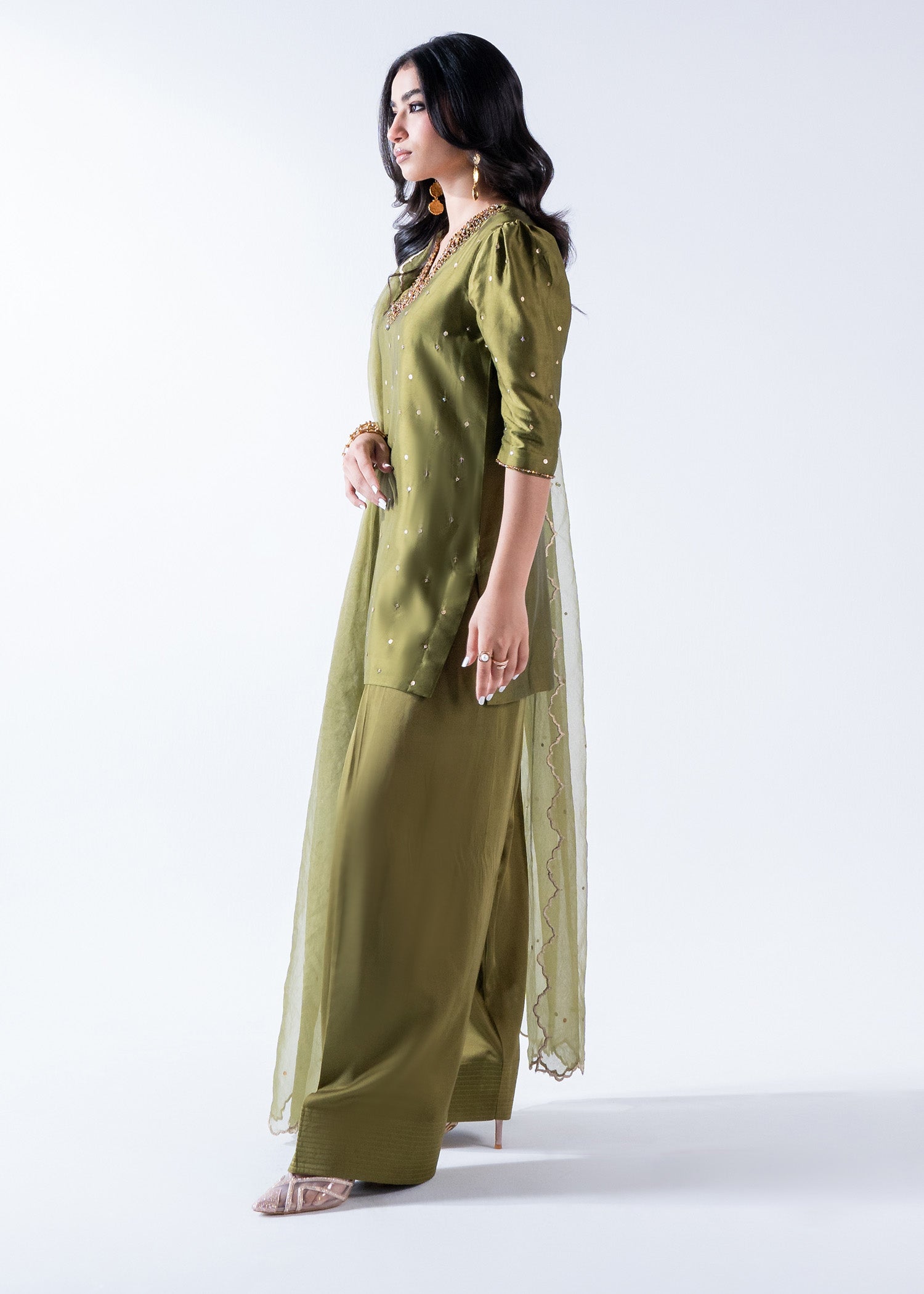 Olive Green Crystal Embellished Pure Silk Shalwar Suit (3-Piece) - Image 7