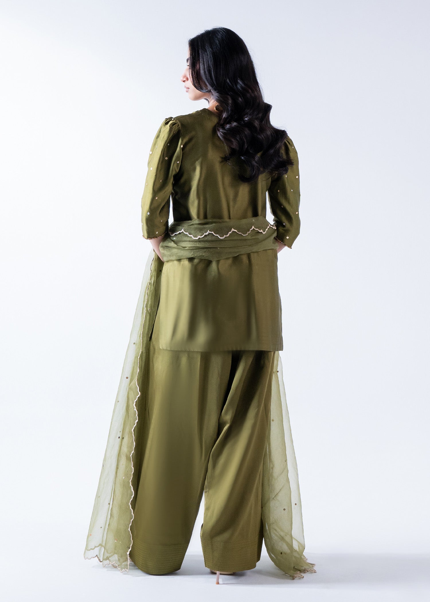 Olive Green Crystal Embellished Pure Silk Shalwar Suit (3-Piece) - Image 8