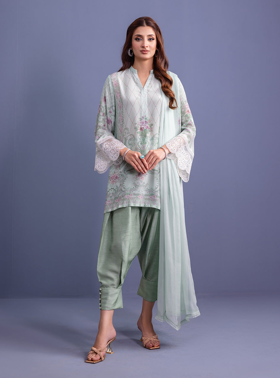 Mint Digital Print Silk Salwar Kameez (3-Piece) - Image 1