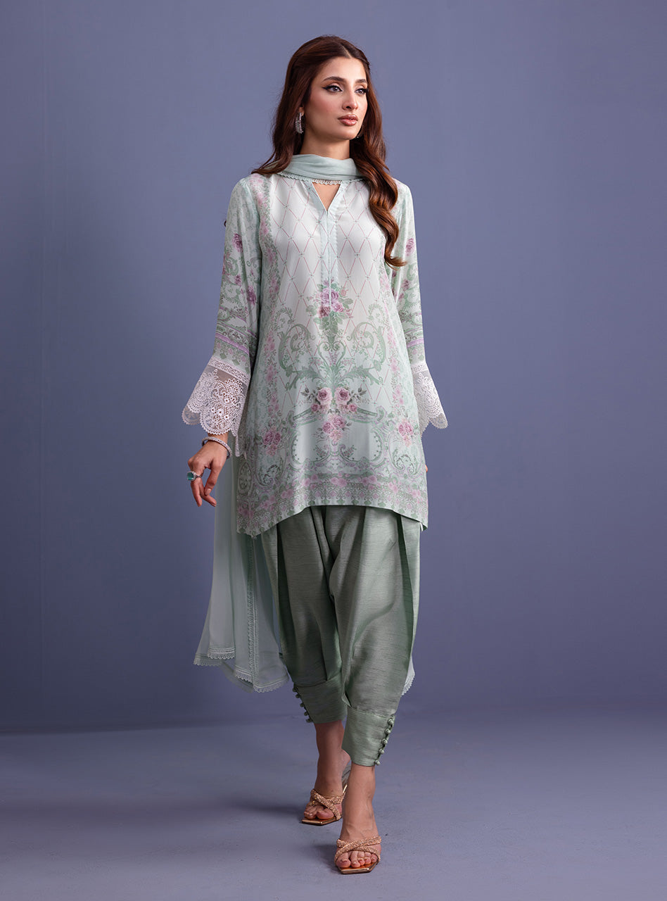 Mint Digital Print Silk Salwar Kameez (3-Piece) - Image 2