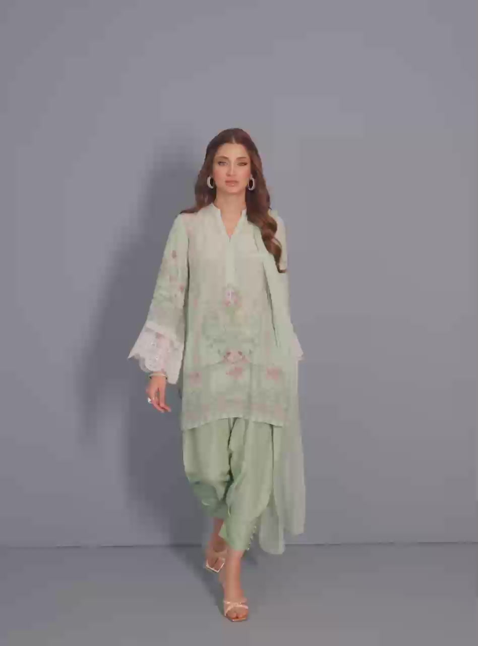 Mint Digital Print Silk Salwar Kameez (3-Piece) - Image 3