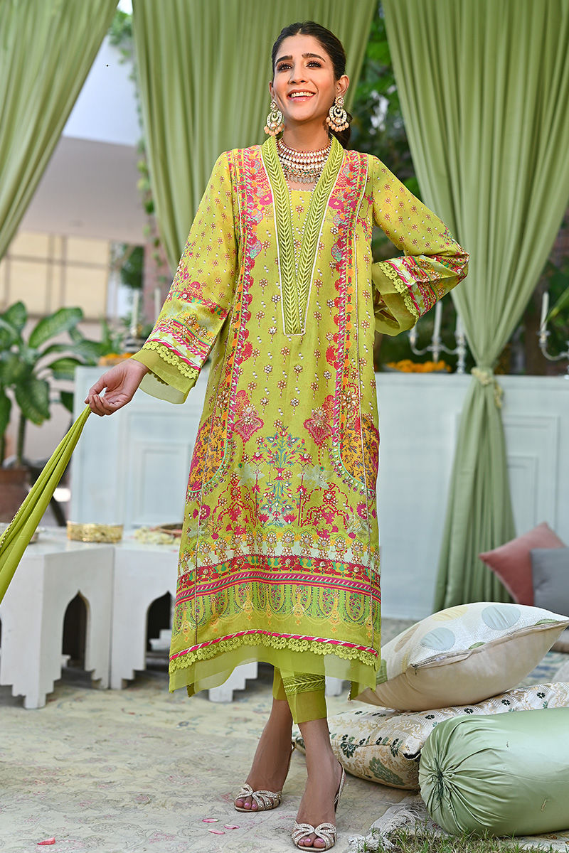 Lime Green Printed Pure Silk Salwar Kameez (3-Piece) - Image 1