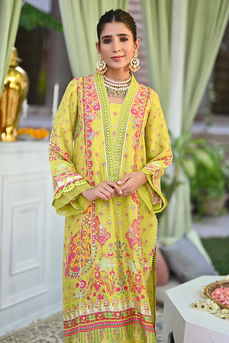 Lime Green Printed Pure Silk Salwar Kameez (3-Piece) - Image 2
