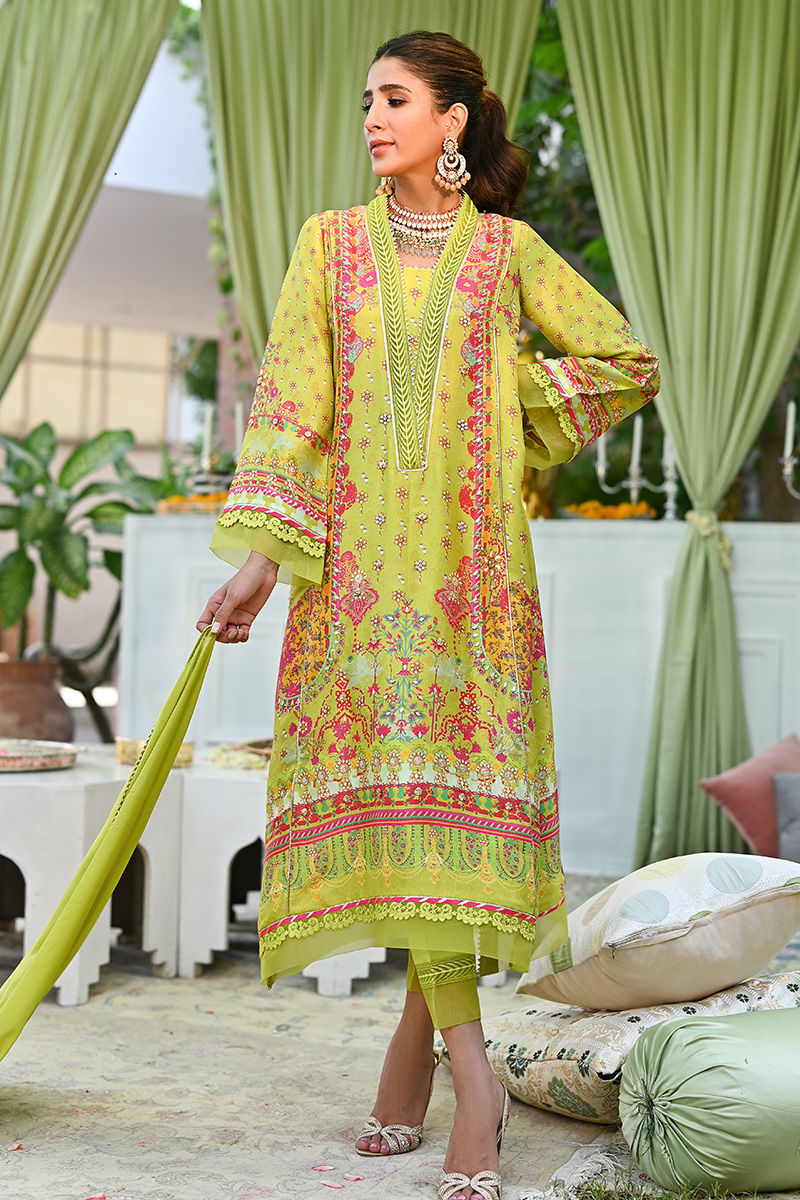 Lime Green Printed Pure Silk Salwar Kameez (3-Piece) - Image 3