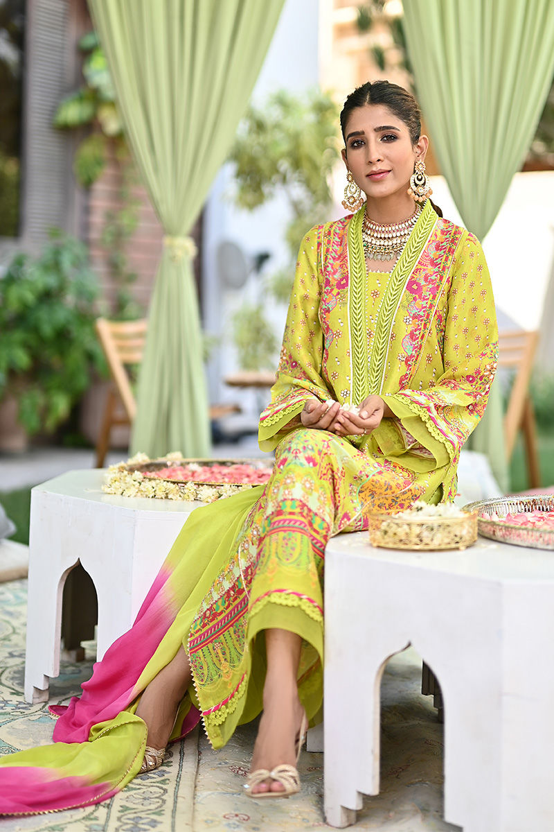 Lime Green Printed Pure Silk Salwar Kameez (3-Piece) - Image 5