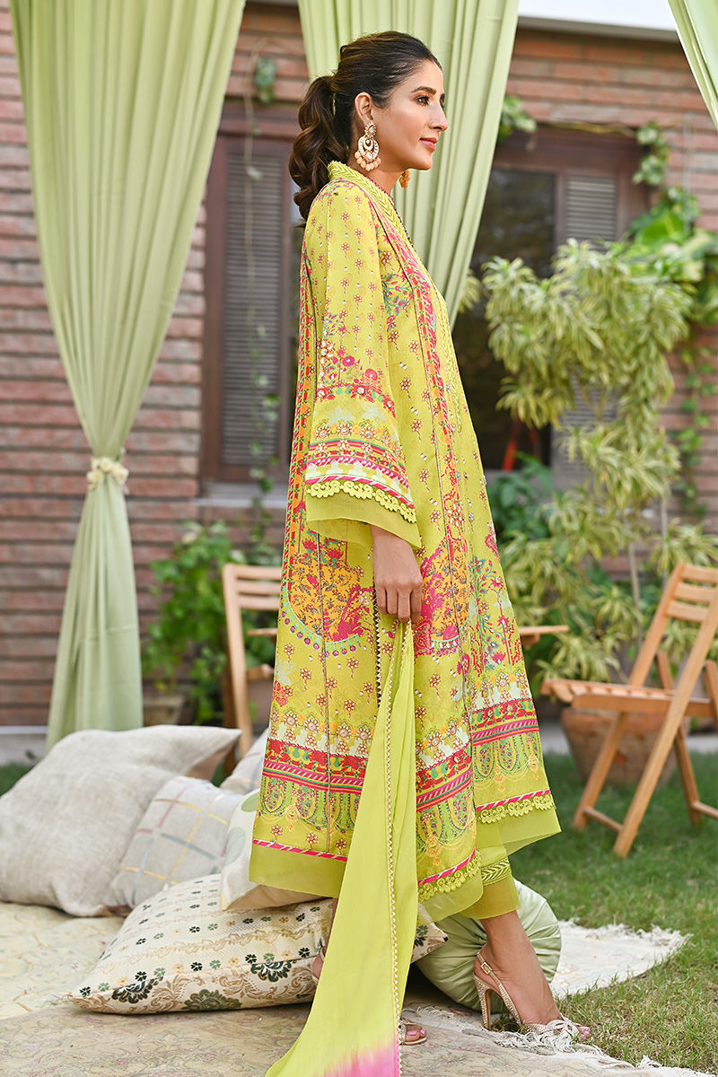 Lime Green Printed Pure Silk Salwar Kameez (3-Piece) - Image 6