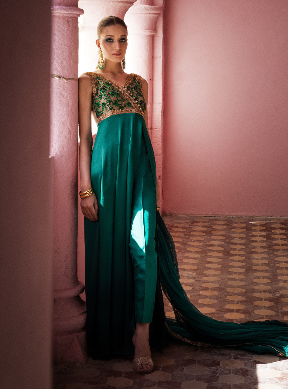 Emerald Embroidered Silk Front-Open Dress (3-Piece) - Image 1