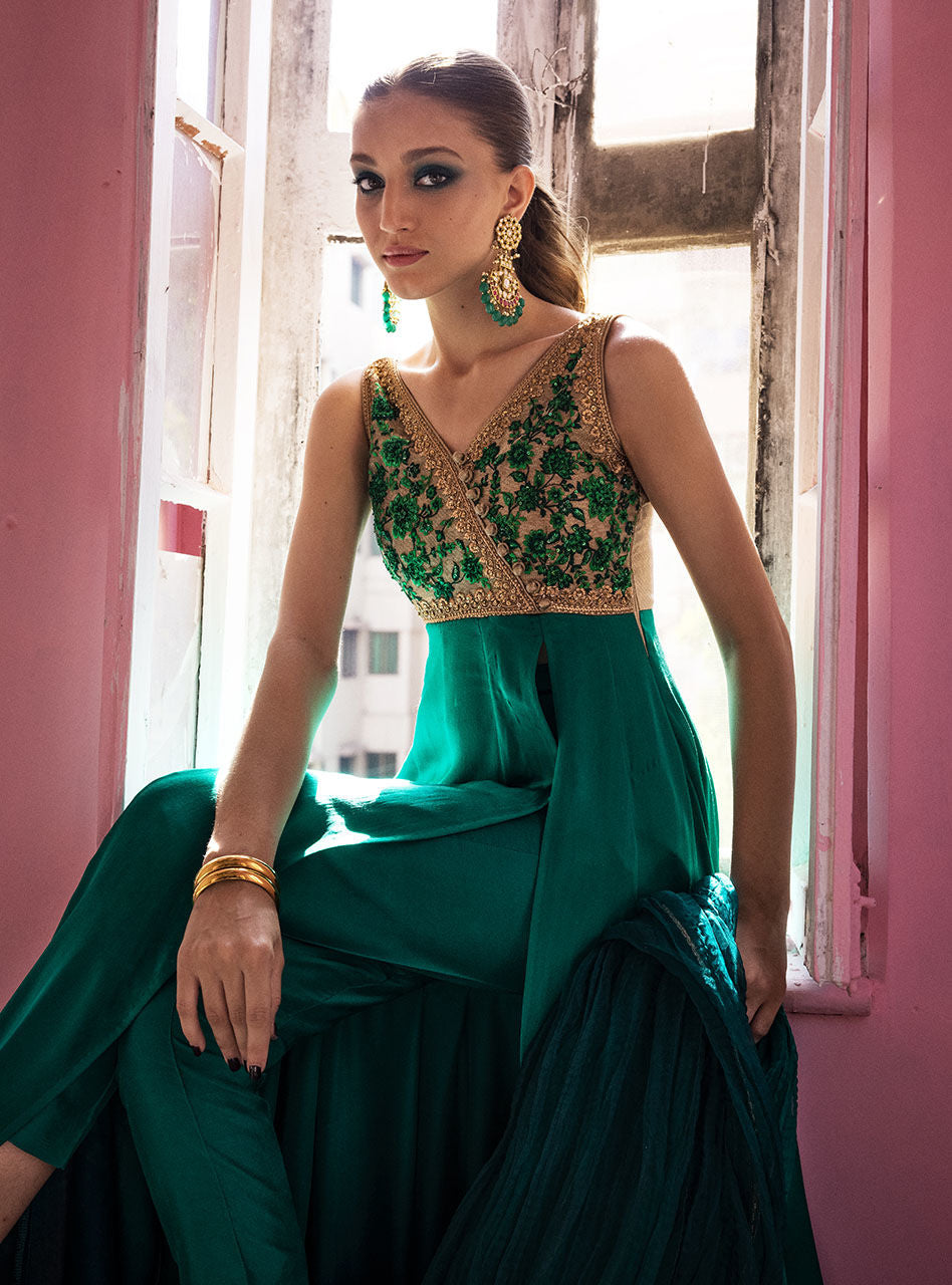 Emerald Embroidered Silk Front-Open Dress (3-Piece) - Image 3
