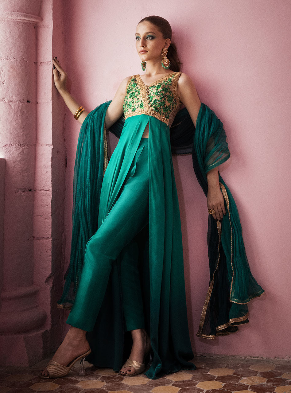 Emerald Embroidered Silk Front-Open Dress (3-Piece) - Image 4
