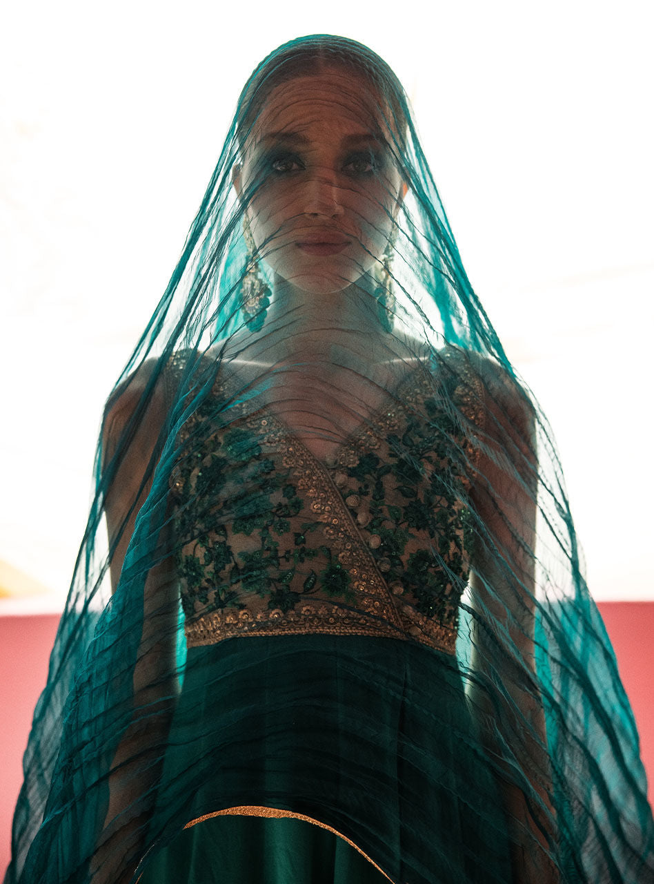 Emerald Embroidered Silk Front-Open Dress (3-Piece) - Image 5