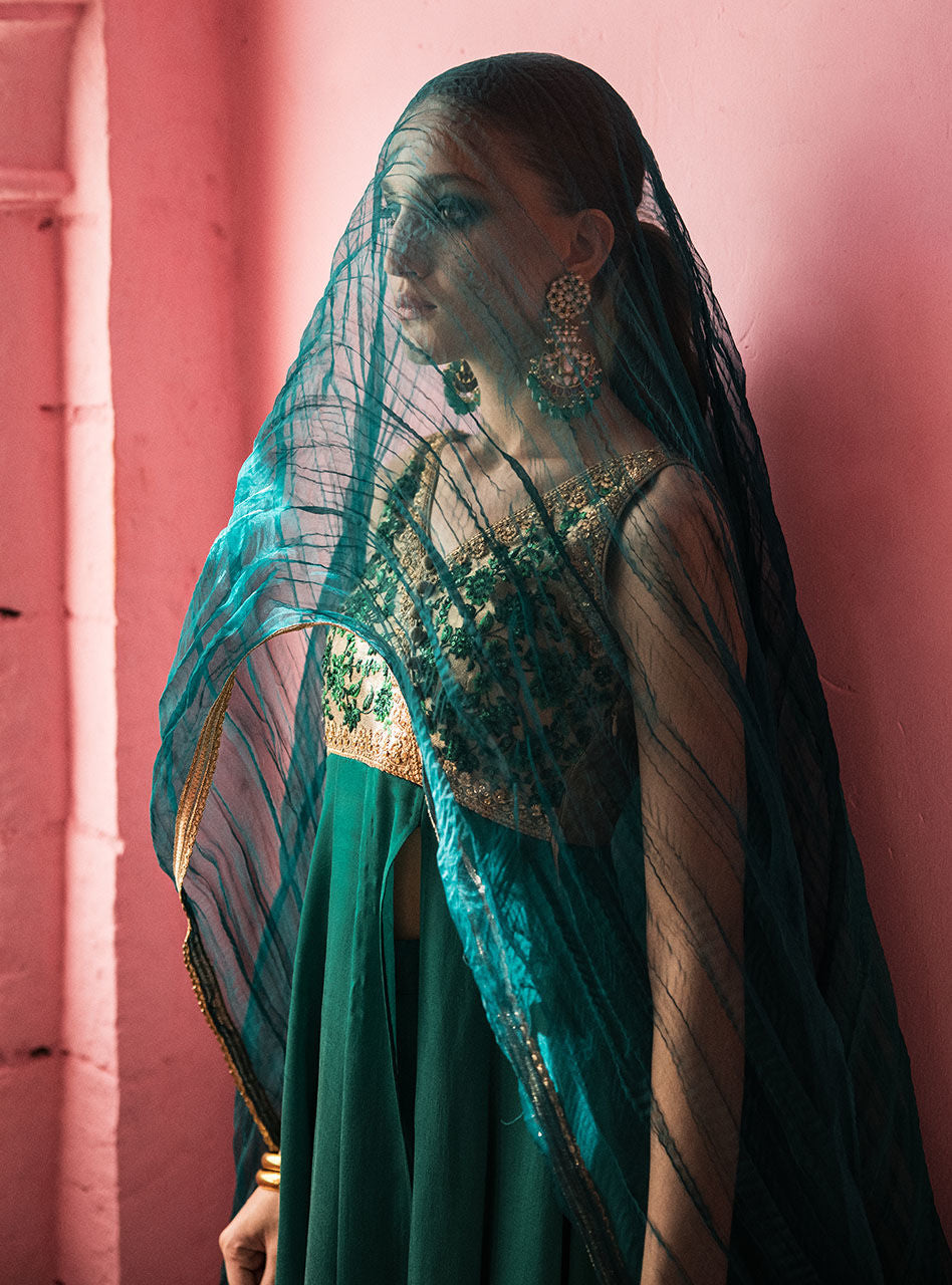 Emerald Embroidered Silk Front-Open Dress (3-Piece) - Image 6