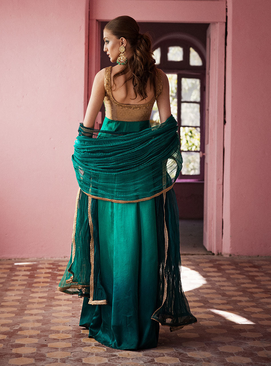 Emerald Embroidered Silk Front-Open Dress (3-Piece) - Image 8