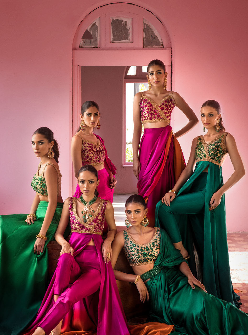 Emerald Embroidered Silk Front-Open Dress (3-Piece) - Image 9