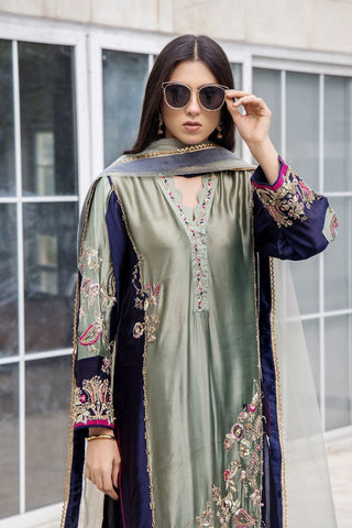 Pakistani Olive Green Embroidered Pure Silk Salwar Kameez (3-Piece) - Image 3
