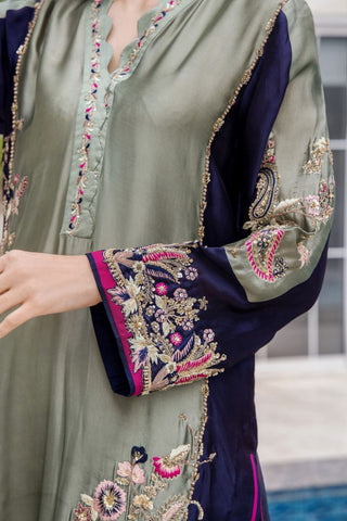 Pakistani Olive Green Embroidered Pure Silk Salwar Kameez (3-Piece) - Image 5