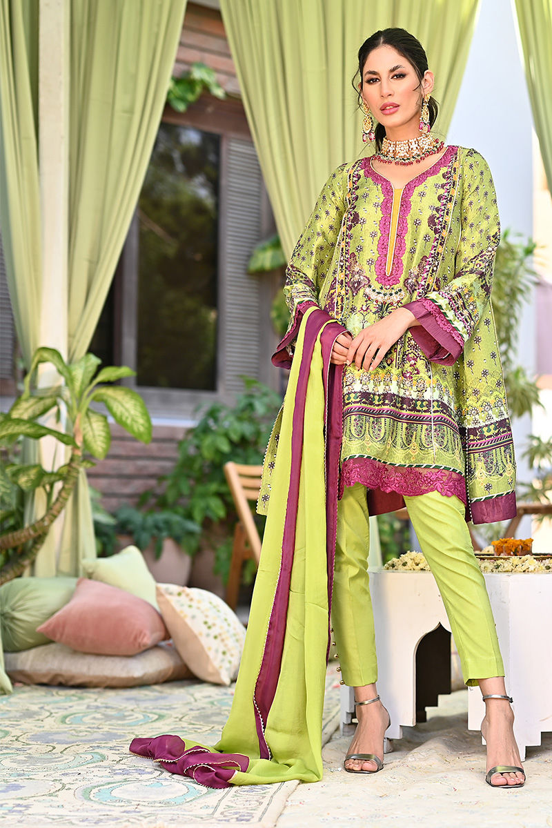 Pakistani Green & Purple Embellished Pure Silk Kurta Set (3-Piece) - Image 1