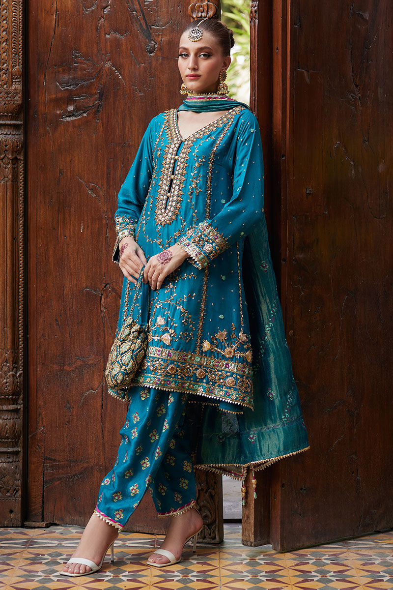 Pakistani Teal Embellished Silk Salwar Kameez (3-Piece) - Image 1