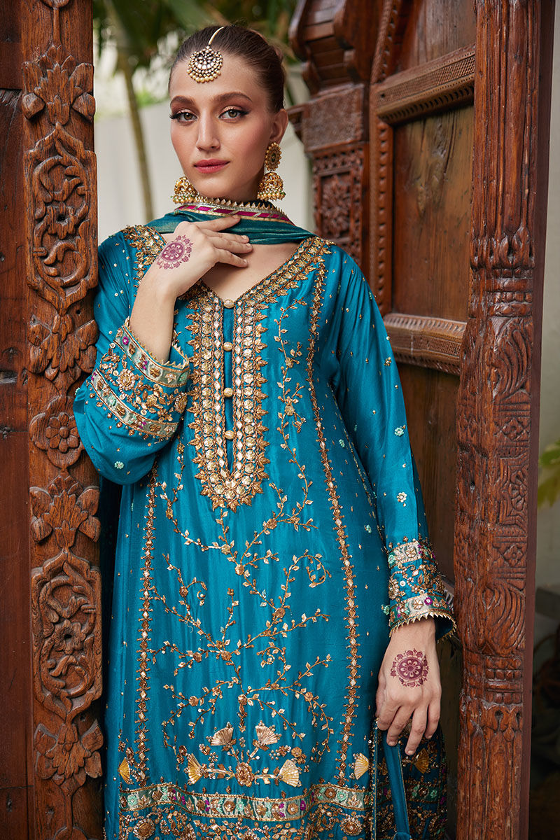 Pakistani Teal Embellished Silk Salwar Kameez (3-Piece) - Image 2