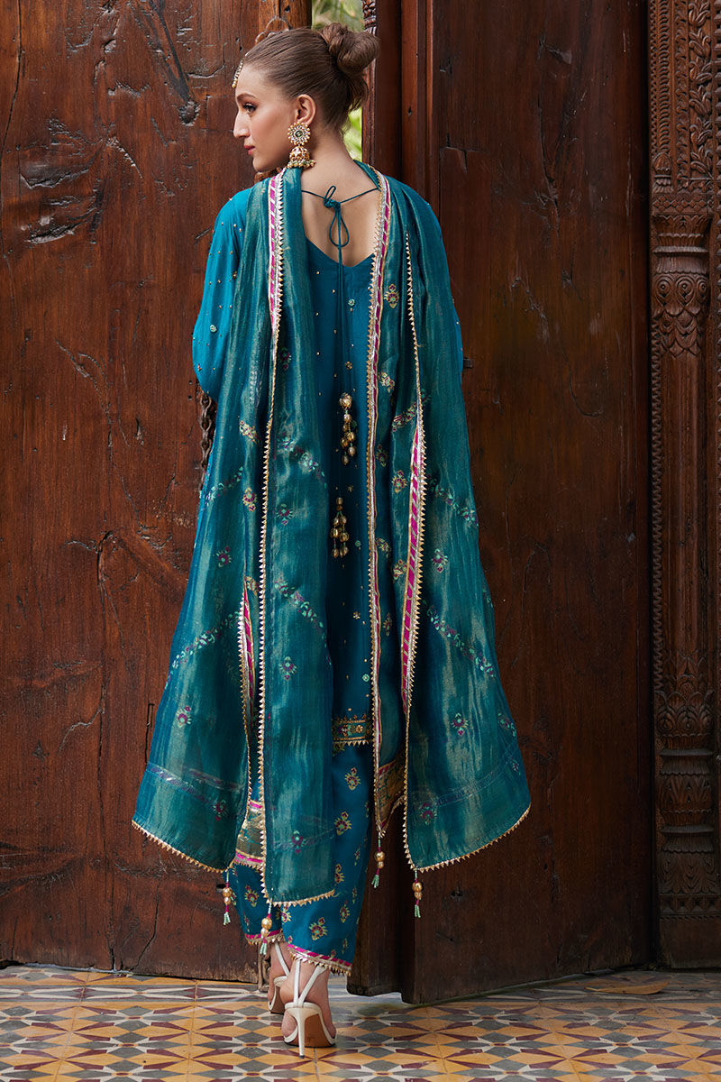 Pakistani Teal Embellished Silk Salwar Kameez (3-Piece) - Image 3
