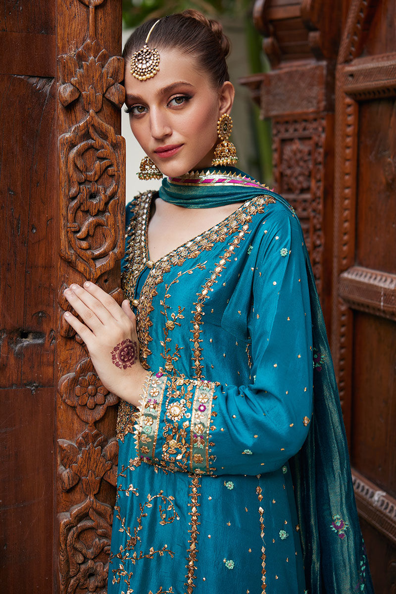 Pakistani Teal Embellished Silk Salwar Kameez (3-Piece) - Image 5