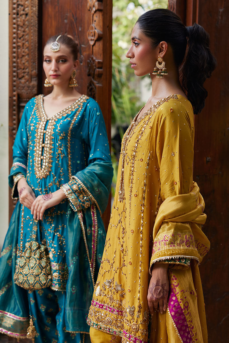 Pakistani Teal Embellished Silk Salwar Kameez (3-Piece) - Image 6