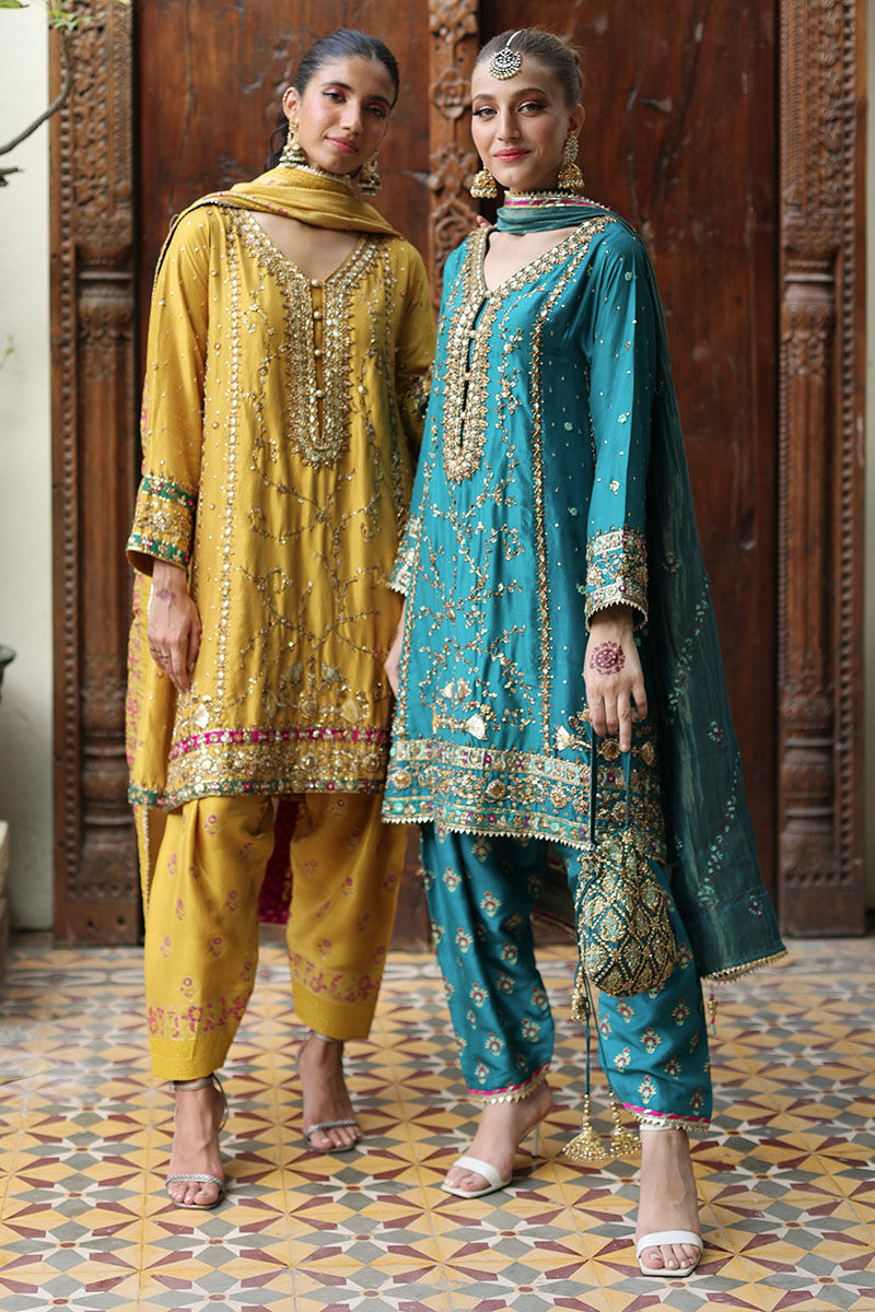 Pakistani Teal Embellished Silk Salwar Kameez (3-Piece) - Image 7