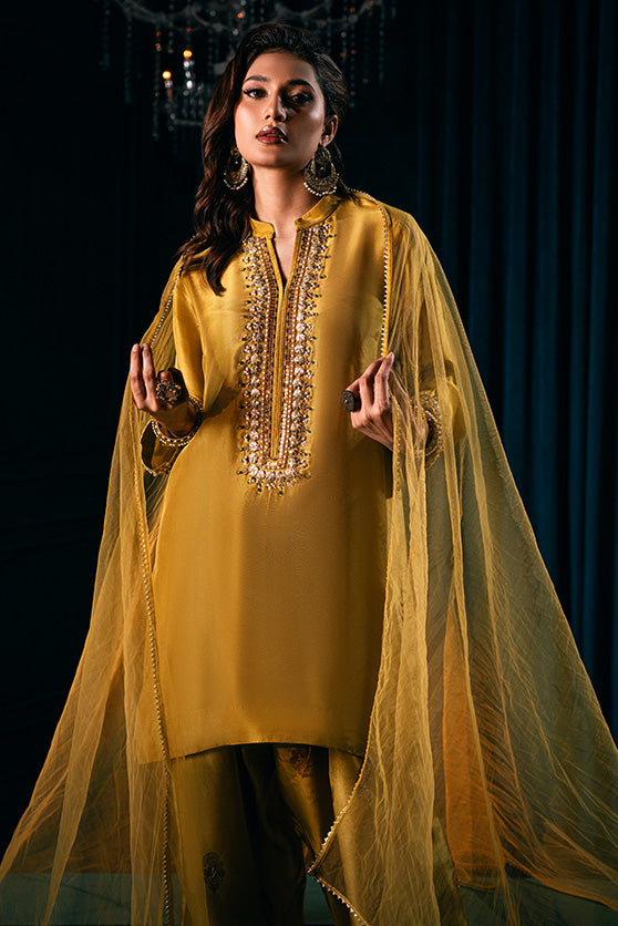 Pakistani Mustard Green Embroidered Silk Salwar Kameez (3-Piece) - Image 2