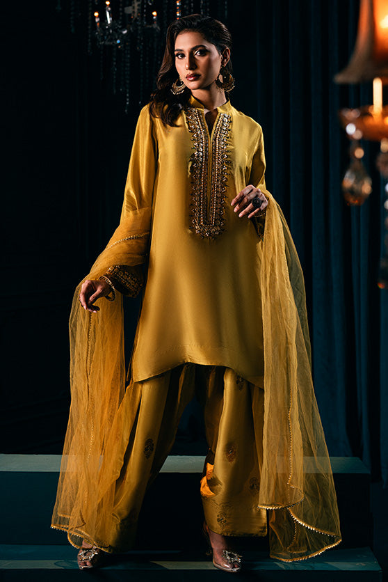 Pakistani Mustard Green Embroidered Silk Salwar Kameez (3-Piece) - Image 3