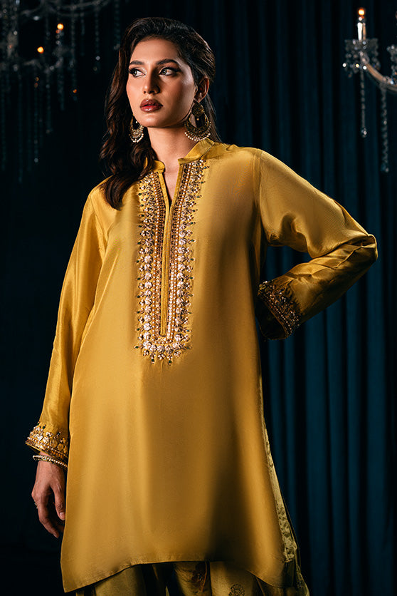 Pakistani Mustard Green Embroidered Silk Salwar Kameez (3-Piece) - Image 4