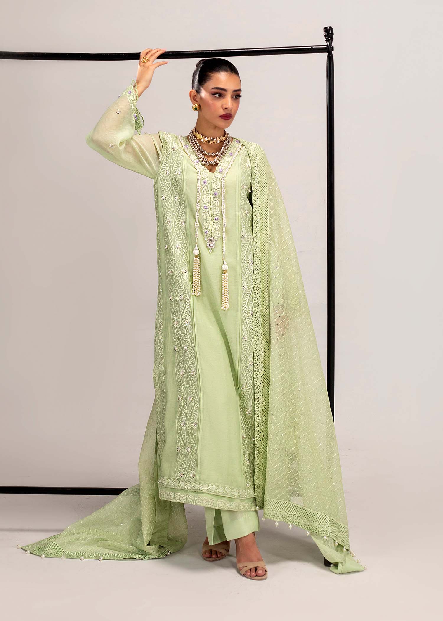 Pakistani Mint Green Embroidered Silk Khadi Net Kurta (3-Piece) - Image 1