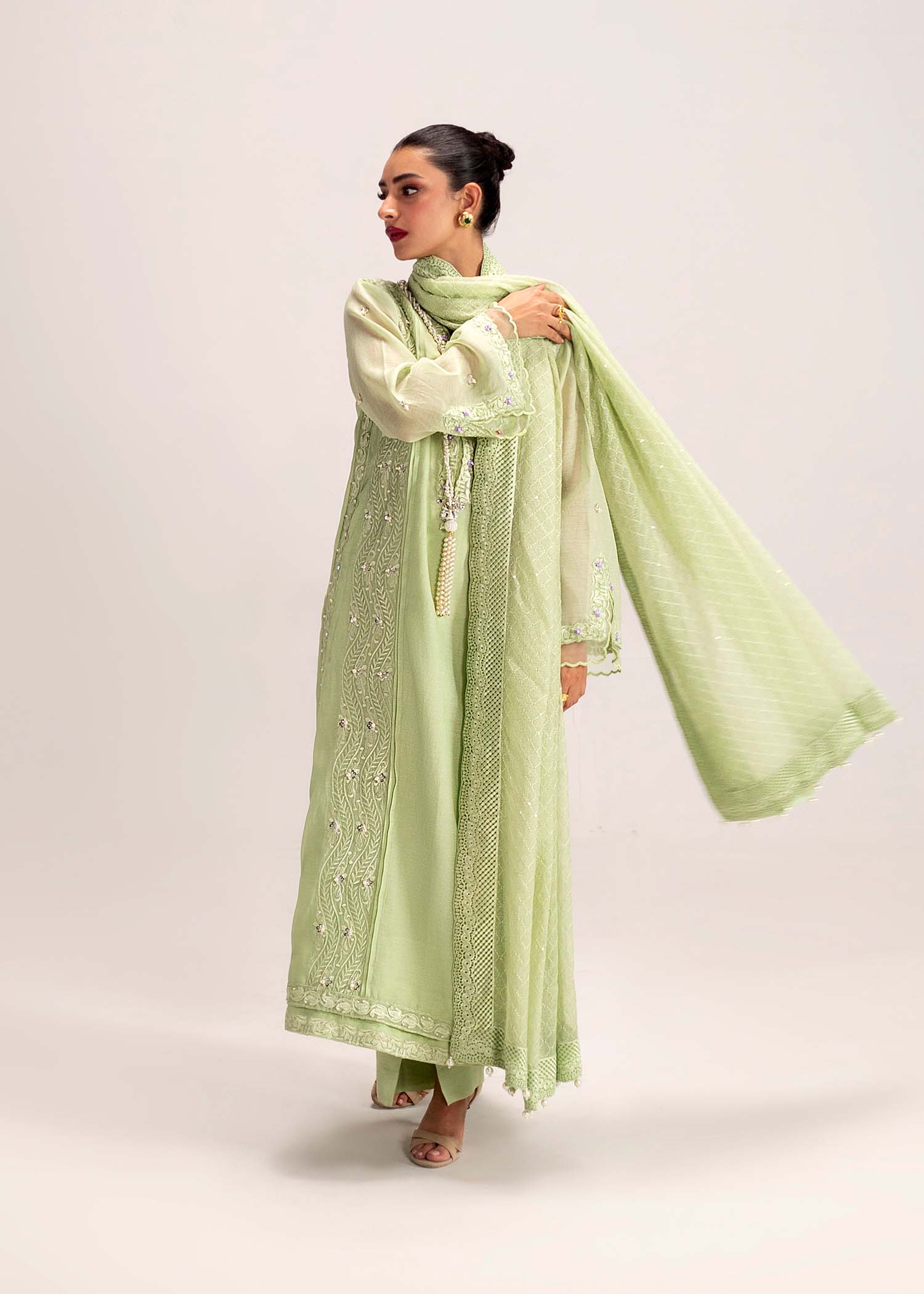 Pakistani Mint Green Embroidered Silk Khadi Net Kurta (3-Piece) - Image 10
