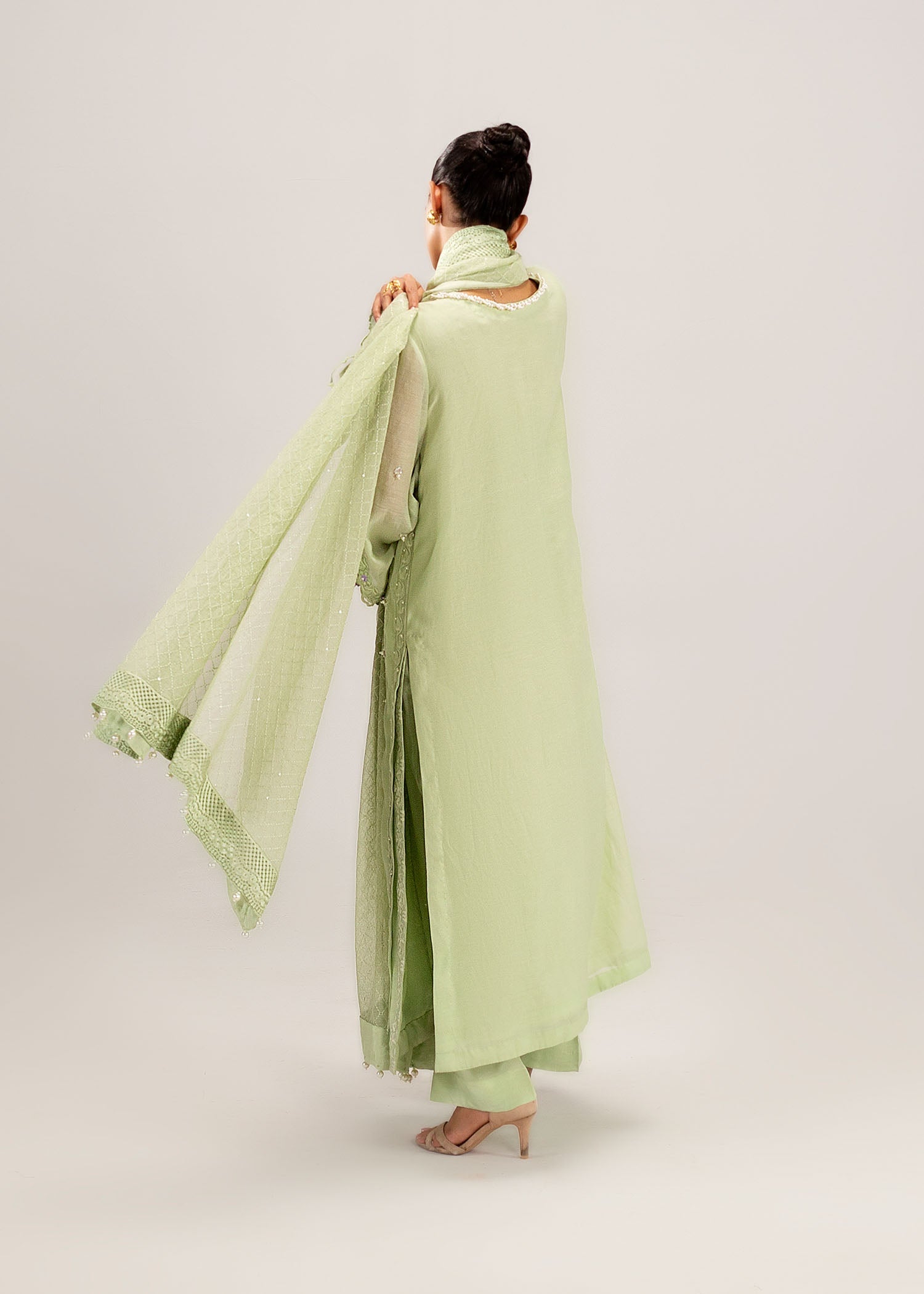 Pakistani Mint Green Embroidered Silk Khadi Net Kurta (3-Piece) - Image 11