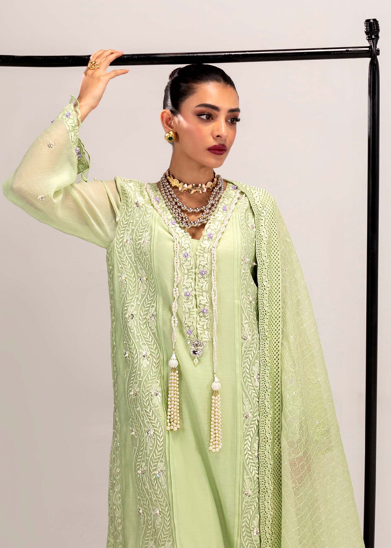 Pakistani Mint Green Embroidered Silk Khadi Net Kurta (3-Piece) - Image 2