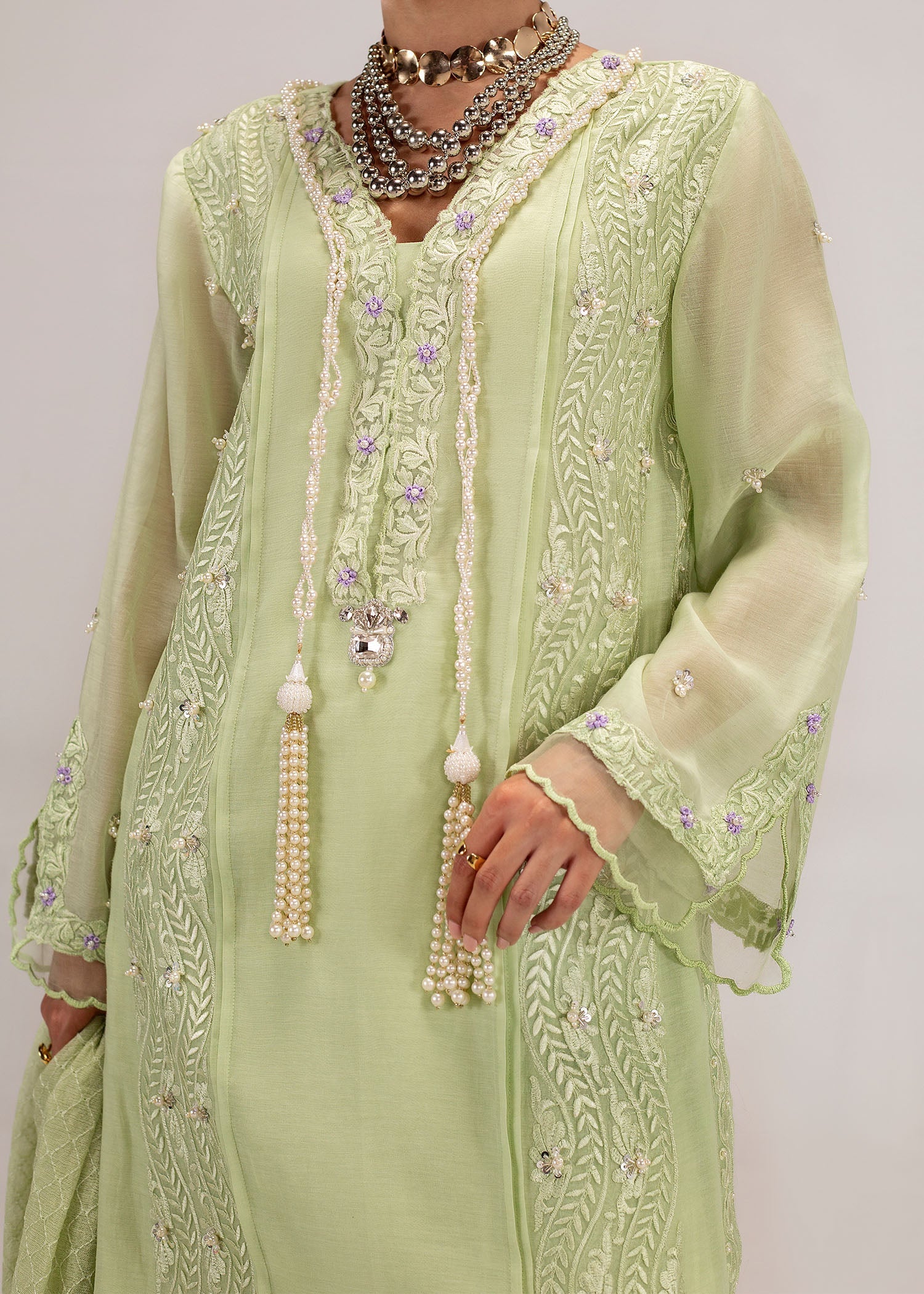 Pakistani Mint Green Embroidered Silk Khadi Net Kurta (3-Piece) - Image 3