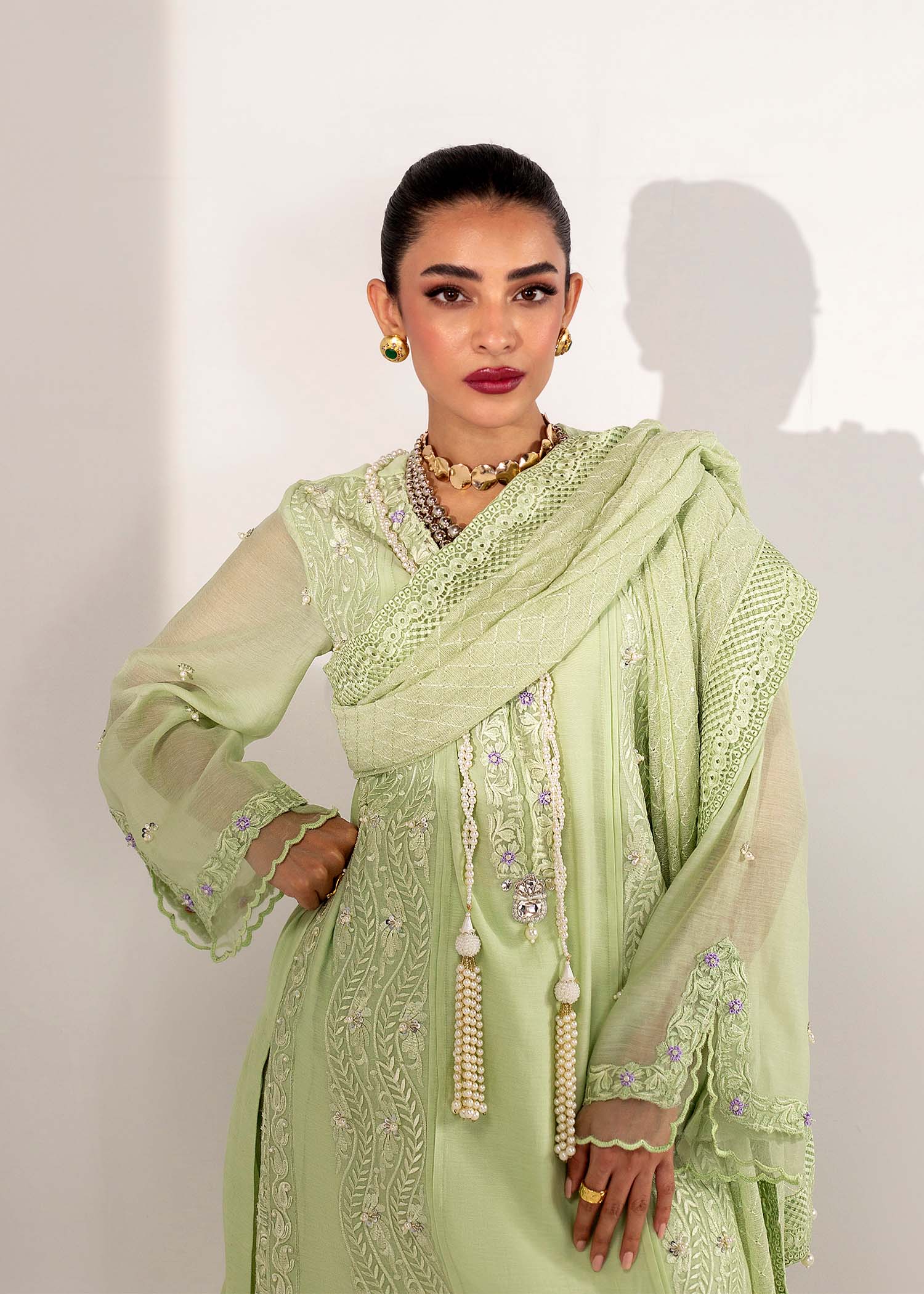 Pakistani Mint Green Embroidered Silk Khadi Net Kurta (3-Piece) - Image 4