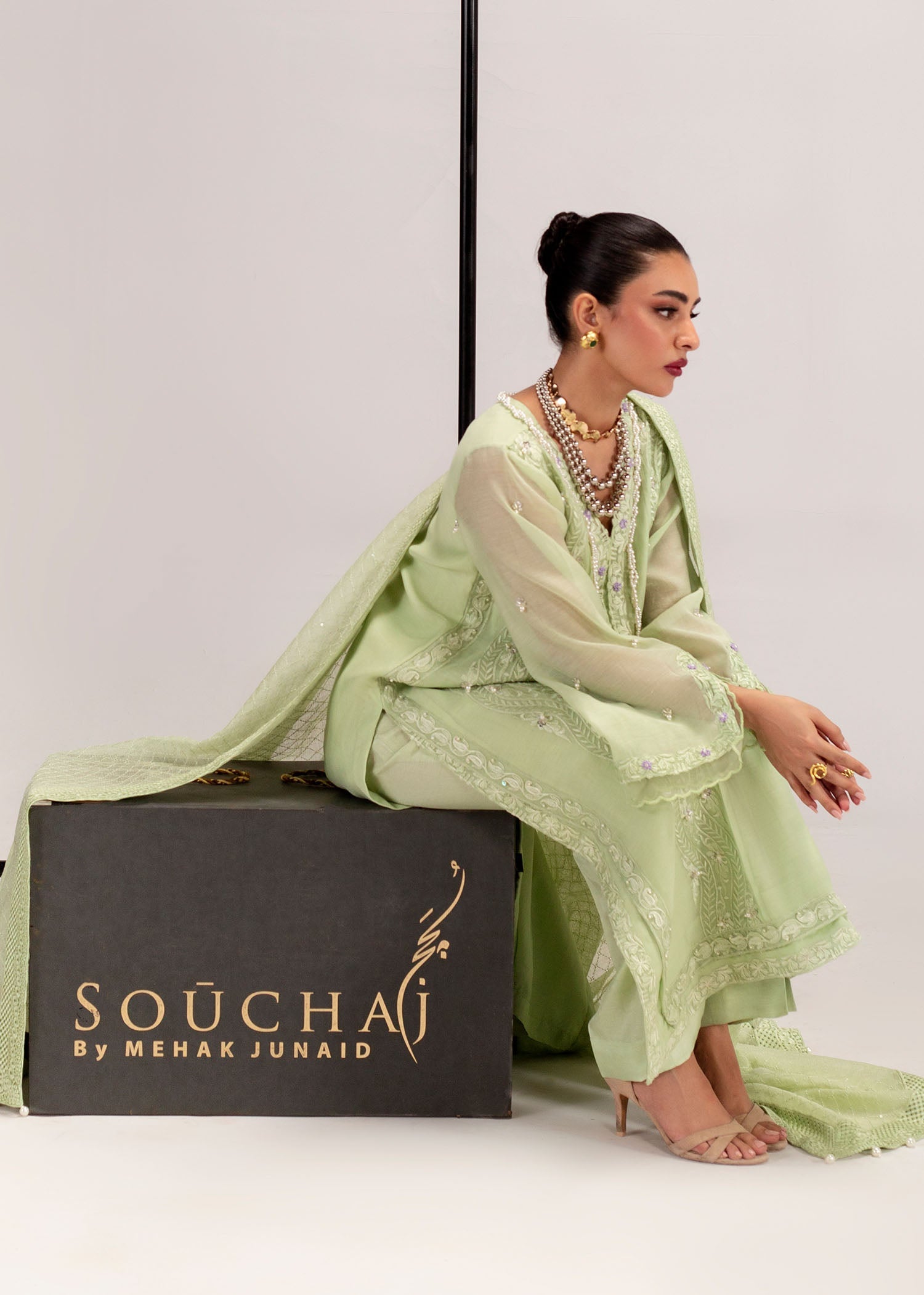 Pakistani Mint Green Embroidered Silk Khadi Net Kurta (3-Piece) - Image 7