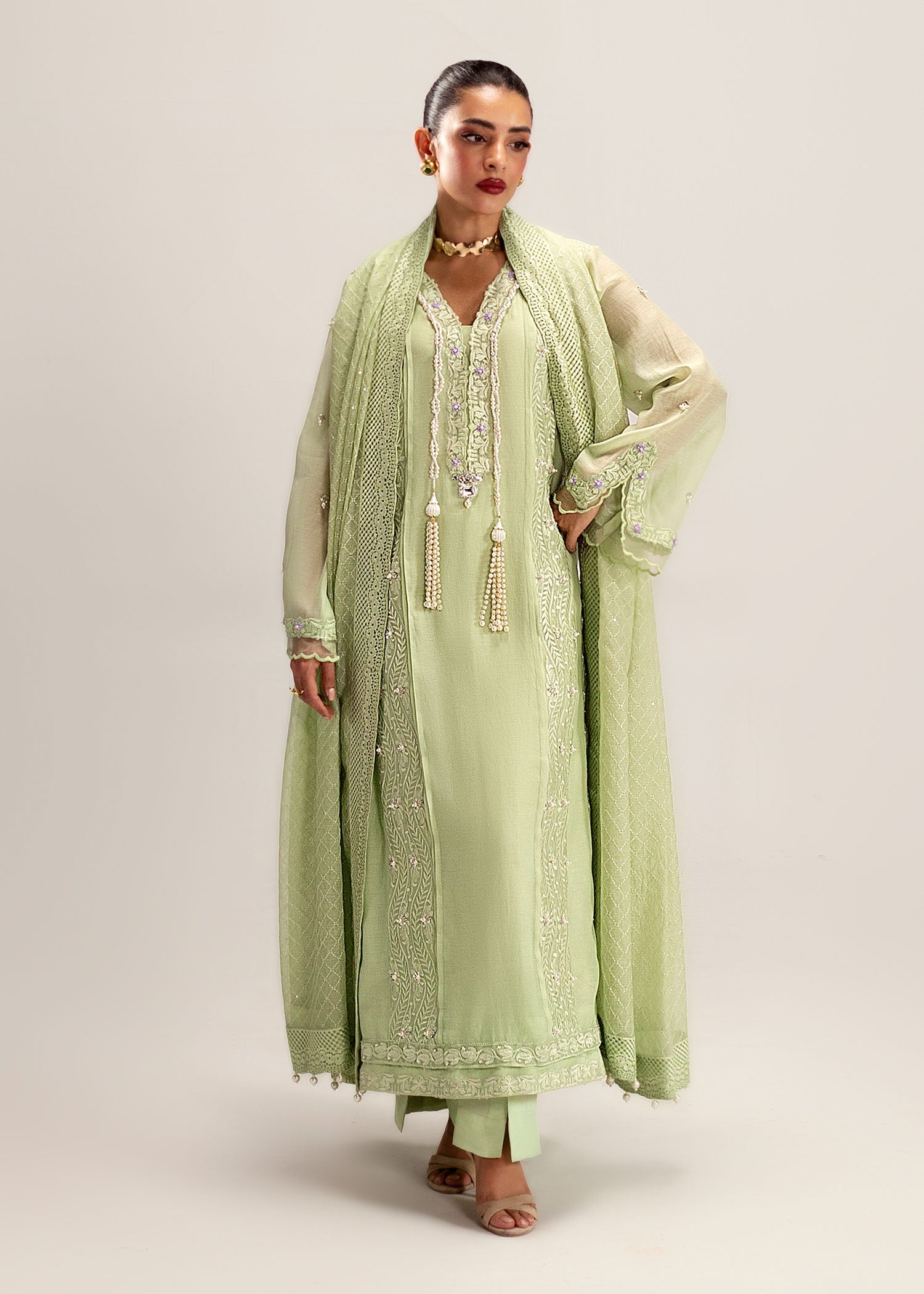 Pakistani Mint Green Embroidered Silk Khadi Net Kurta (3-Piece) - Image 8