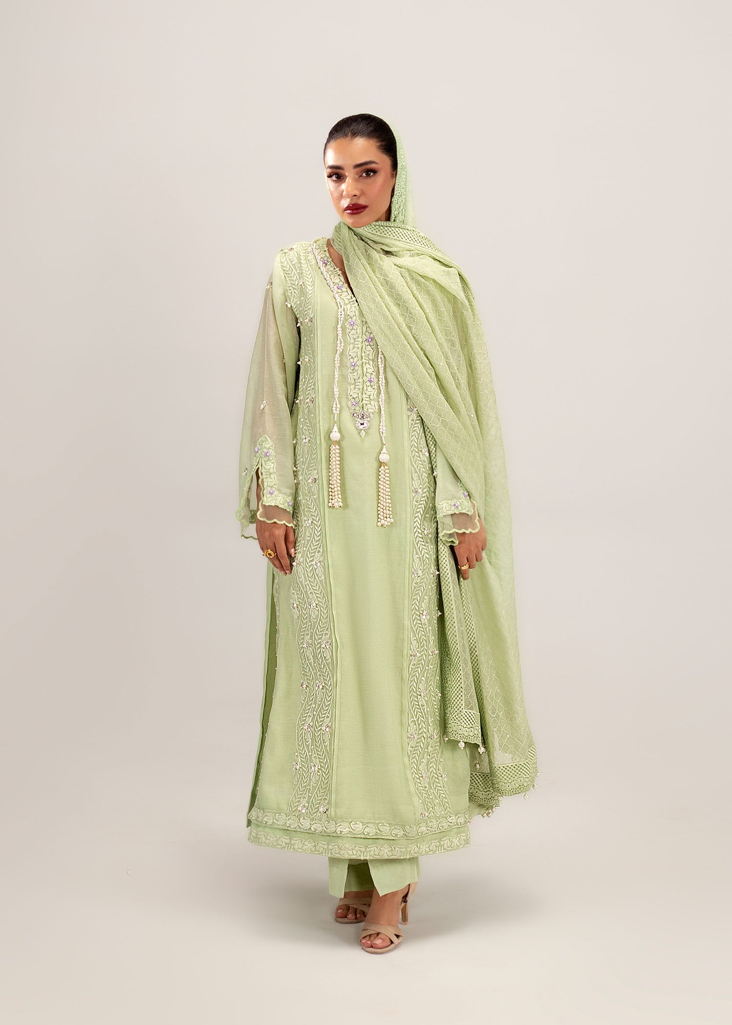 Pakistani Mint Green Embroidered Silk Khadi Net Kurta (3-Piece) - Image 9