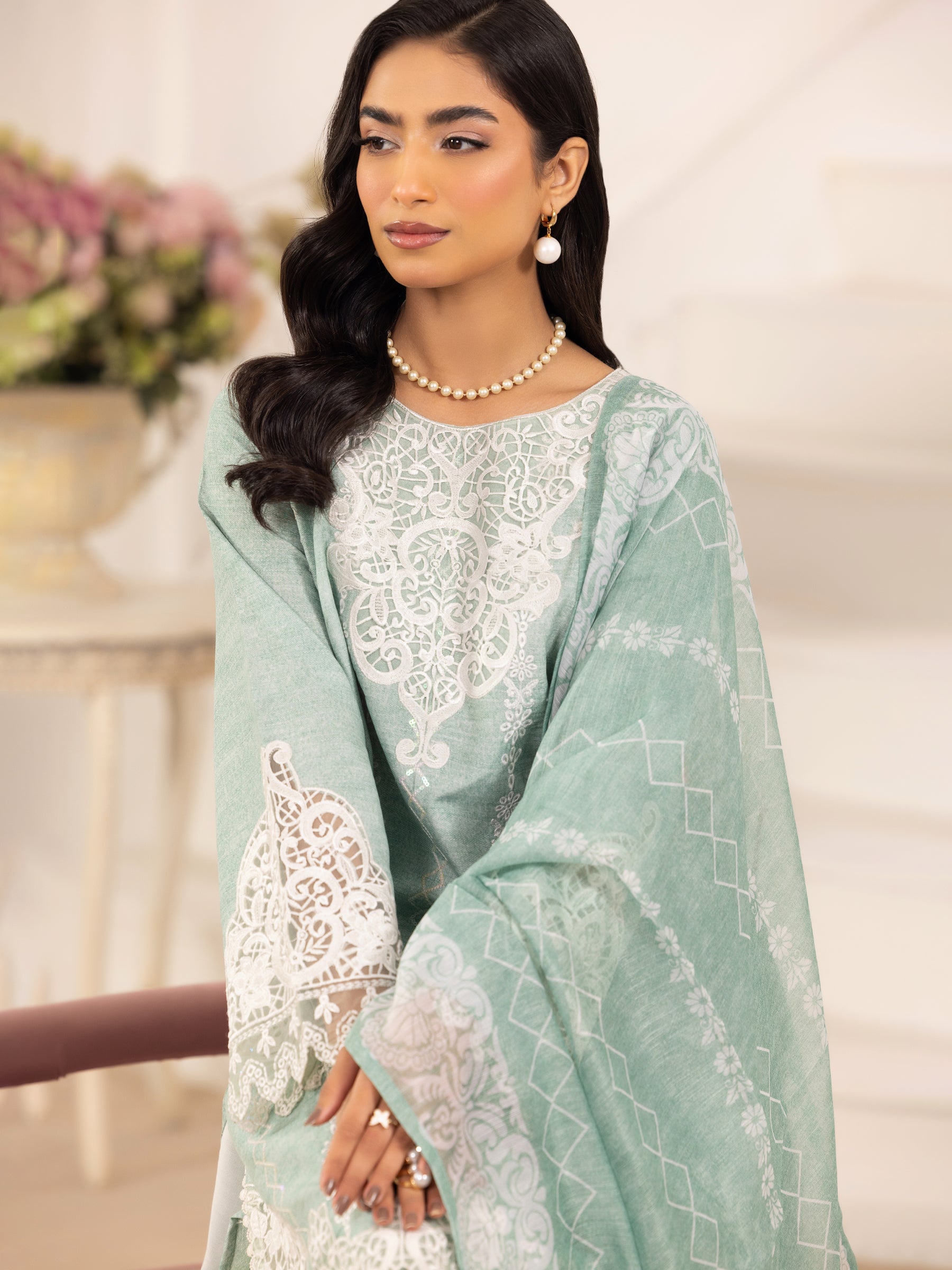 Mint Embroidered Silk Lawn Salwar Kameez (3-Piece) - Image 10
