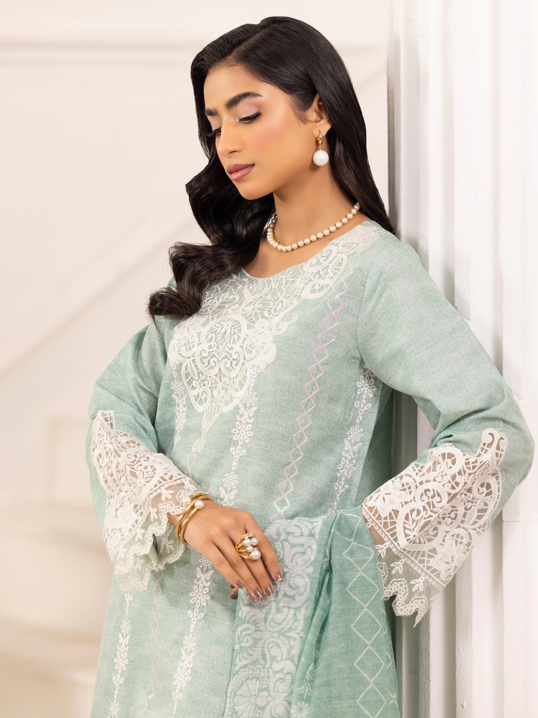 Mint Embroidered Silk Lawn Salwar Kameez (3-Piece) - Image 11