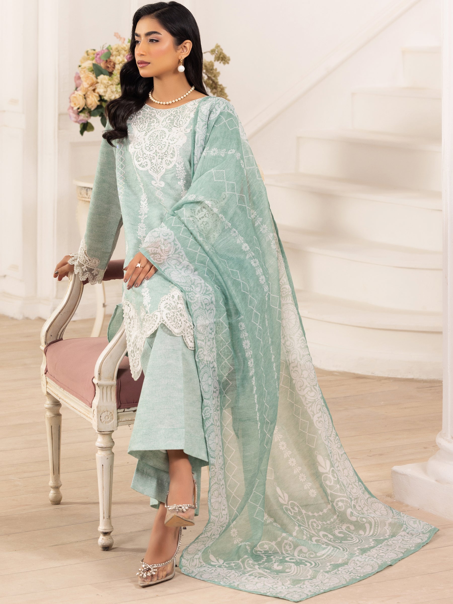 Mint Embroidered Silk Lawn Salwar Kameez (3-Piece) - Image 12
