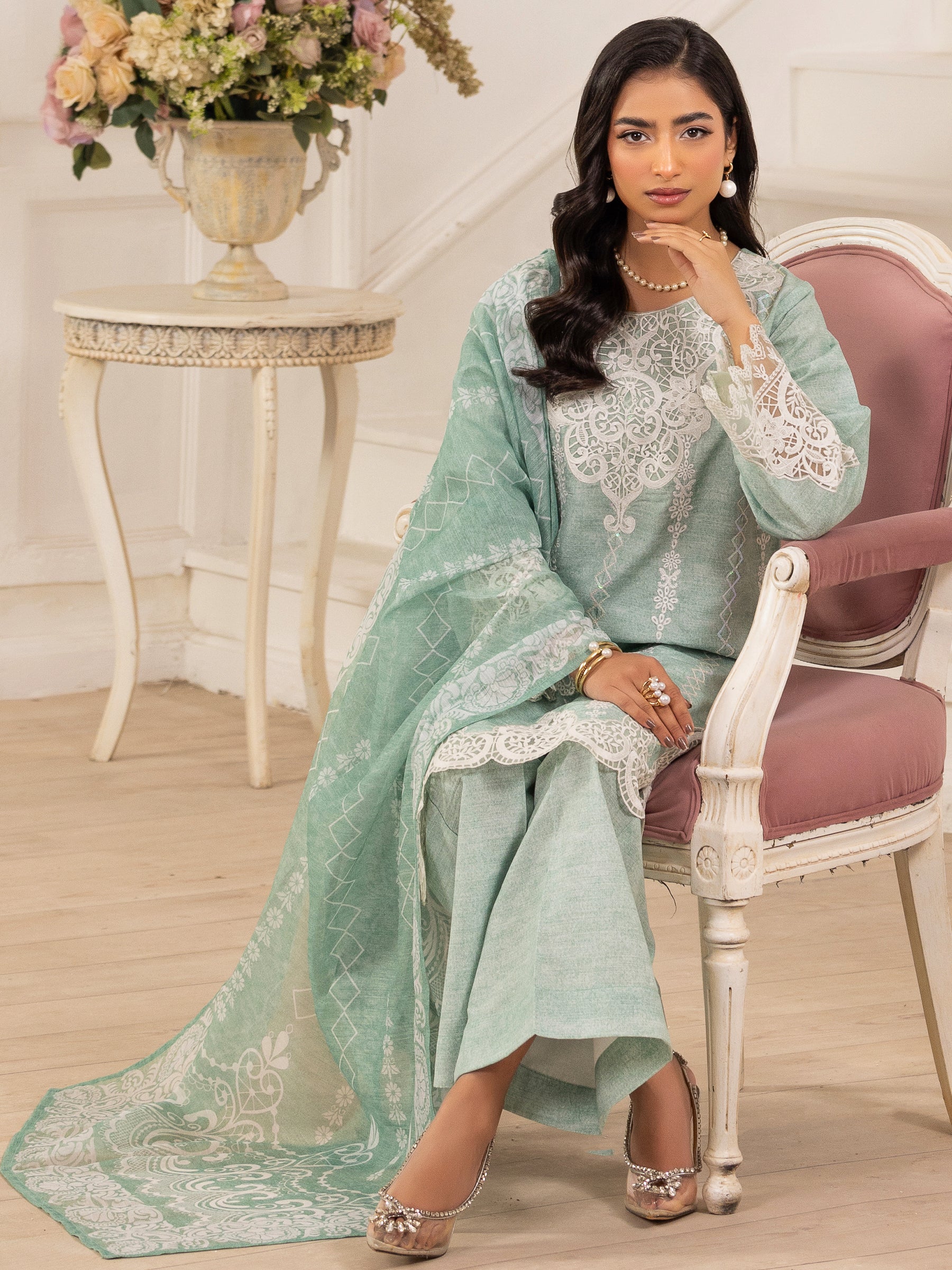 Mint Embroidered Silk Lawn Salwar Kameez (3-Piece) - Image 14