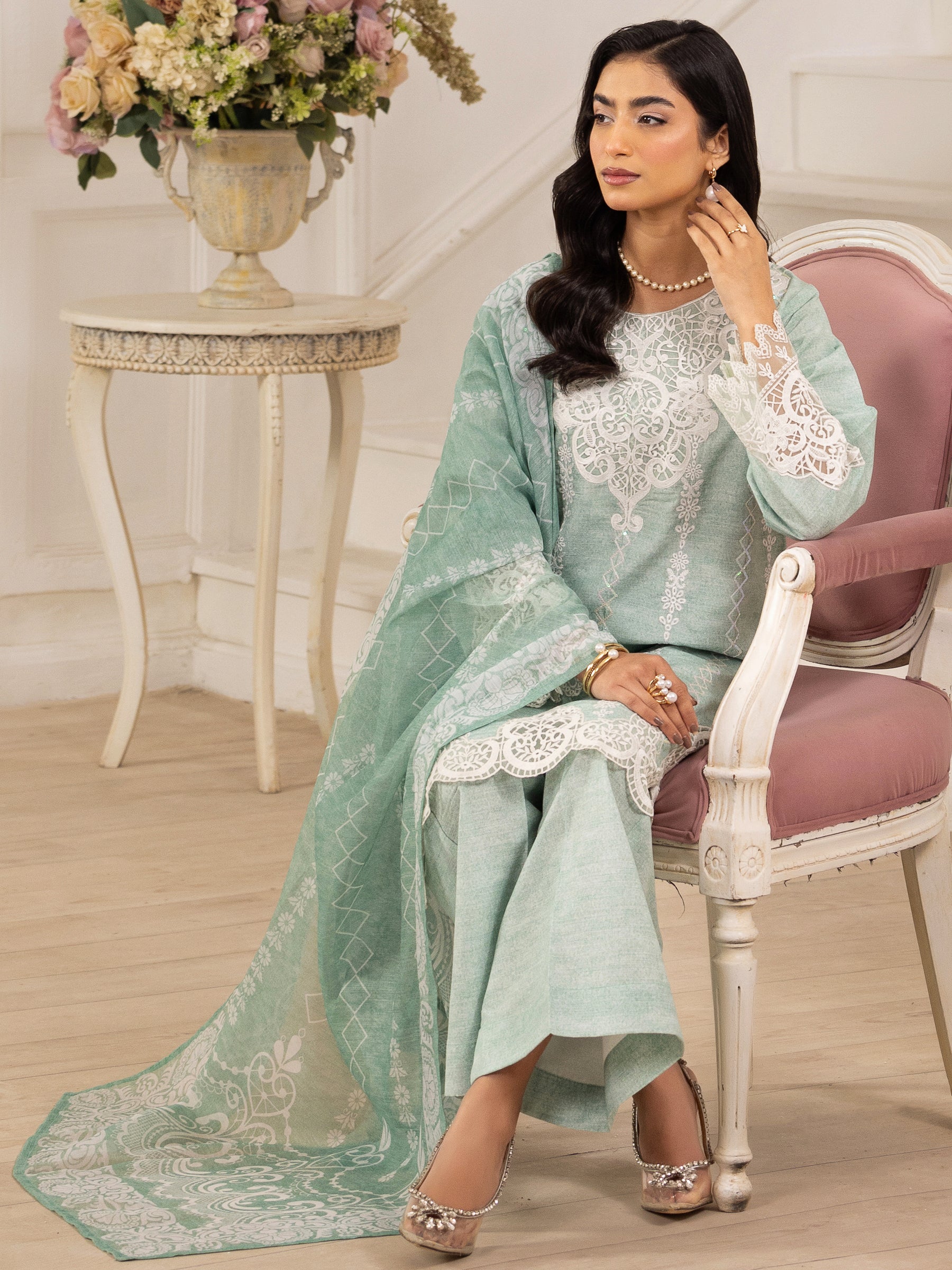 Mint Embroidered Silk Lawn Salwar Kameez (3-Piece) - Image 15
