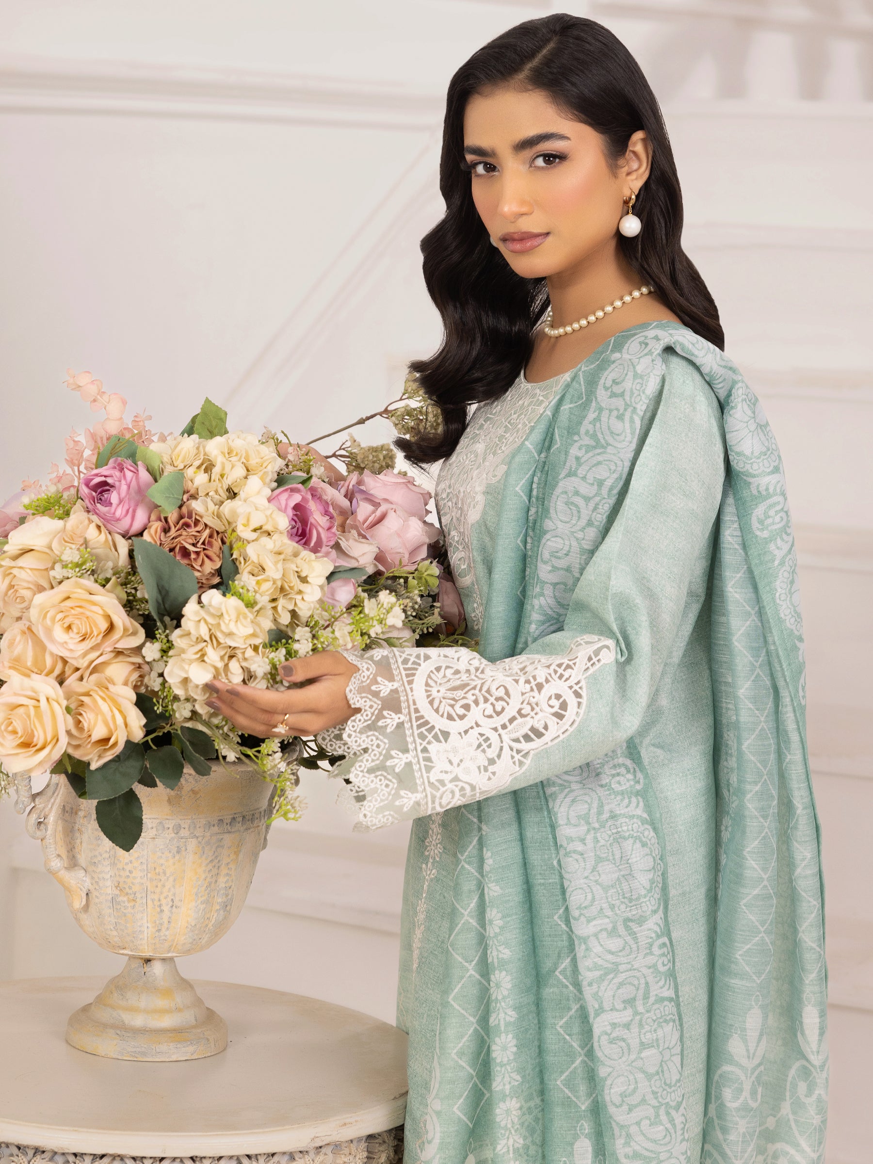 Mint Embroidered Silk Lawn Salwar Kameez (3-Piece) - Image 16