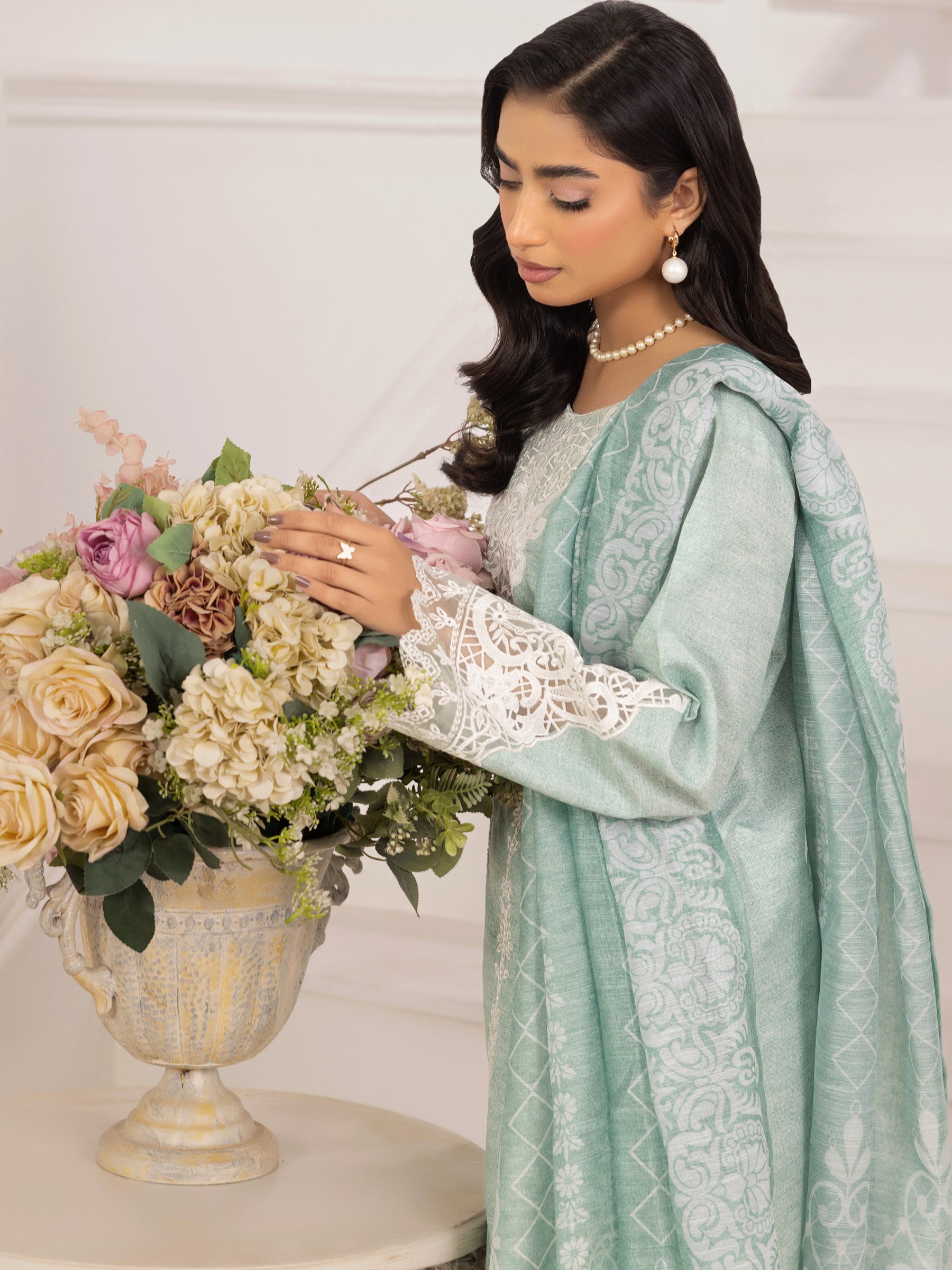 Mint Embroidered Silk Lawn Salwar Kameez (3-Piece) - Image 18