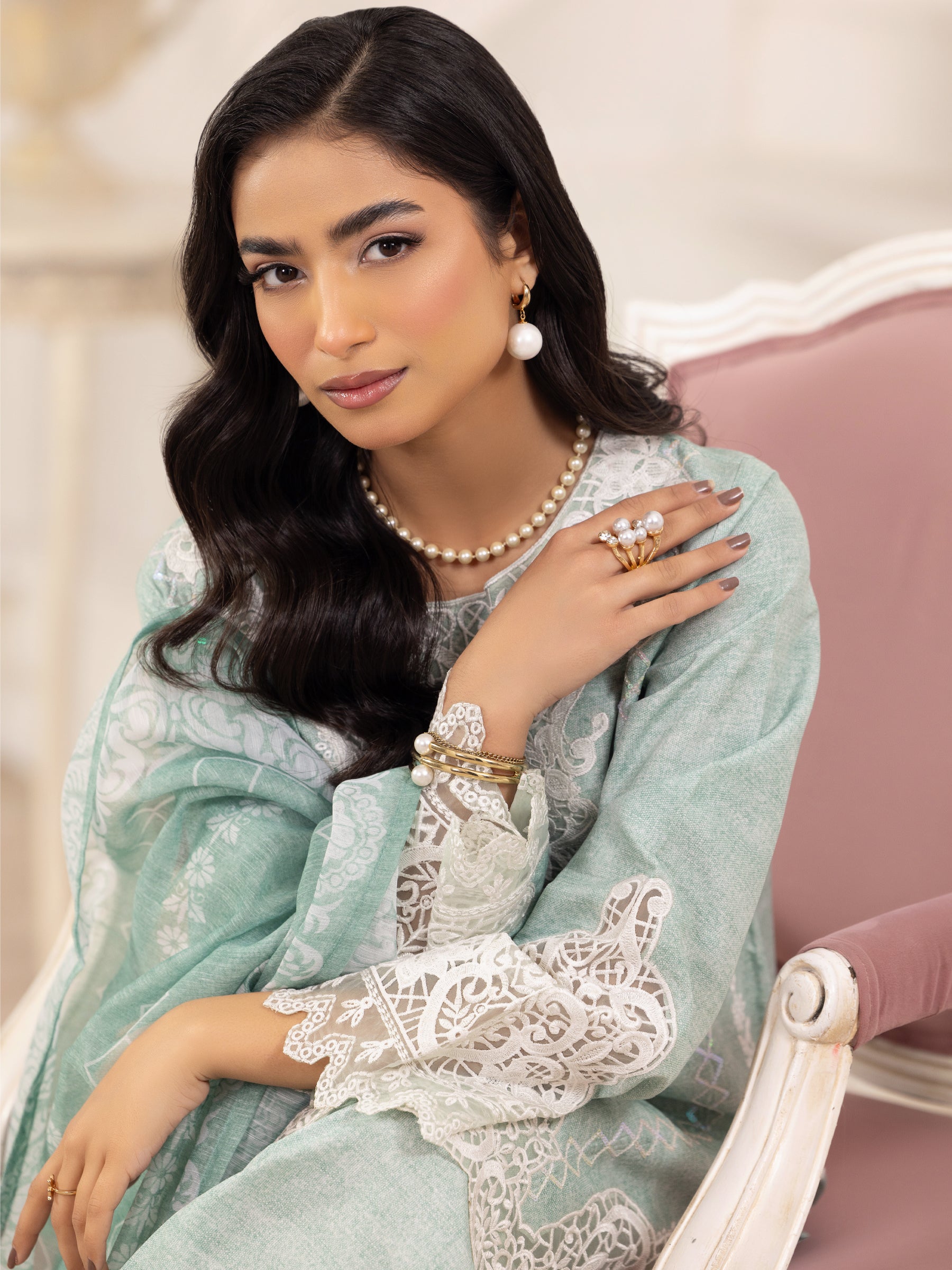 Mint Embroidered Silk Lawn Salwar Kameez (3-Piece) - Image 19