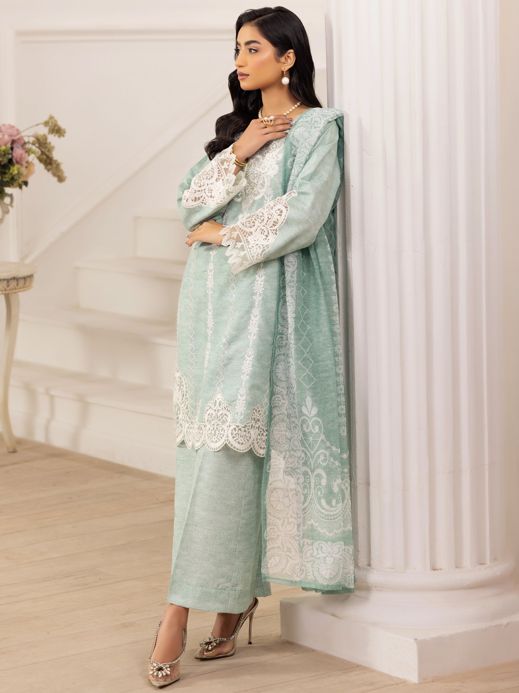 Mint Embroidered Silk Lawn Salwar Kameez (3-Piece) - Image 2