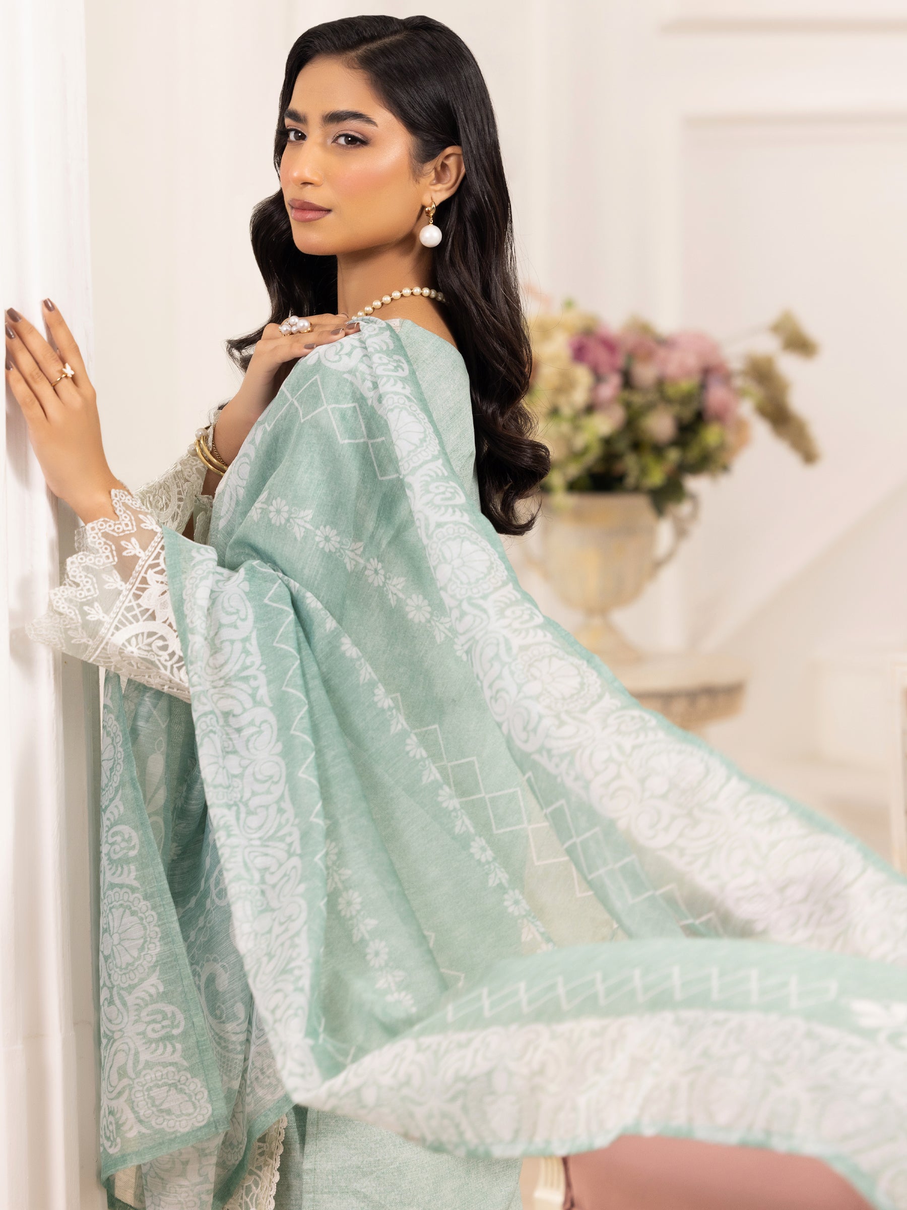 Mint Embroidered Silk Lawn Salwar Kameez (3-Piece) - Image 20